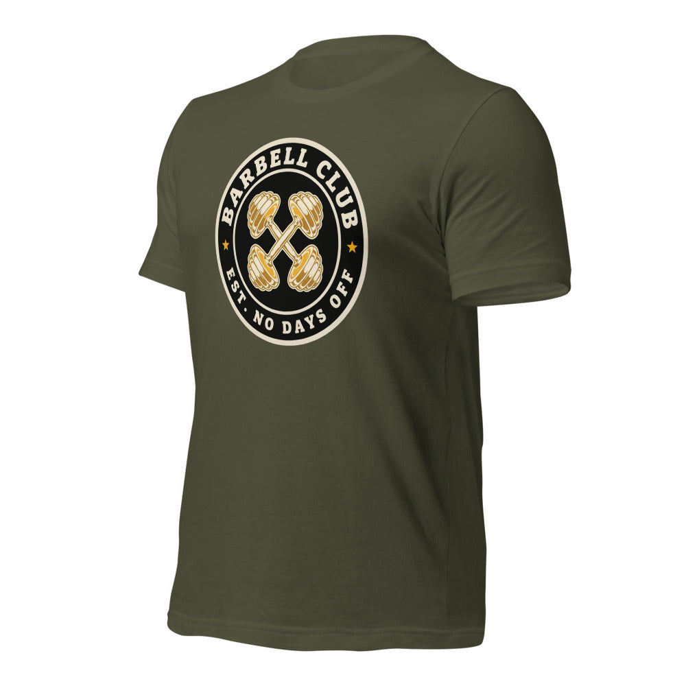 Barbell Club No Days Off vintage gym tee — Military Green, front-right