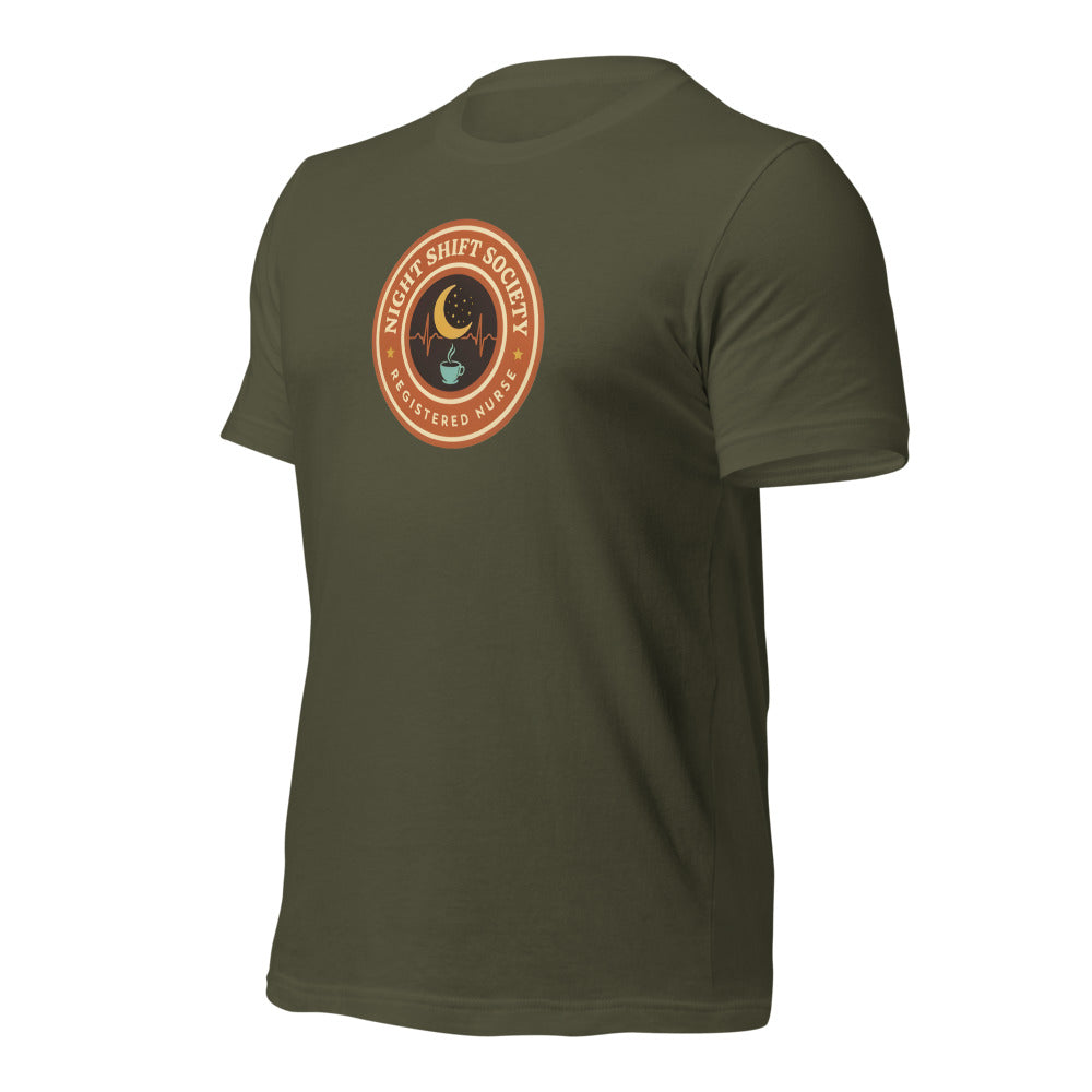 Night Shift Society retro registered nurse badge tee — Military Green, front-right