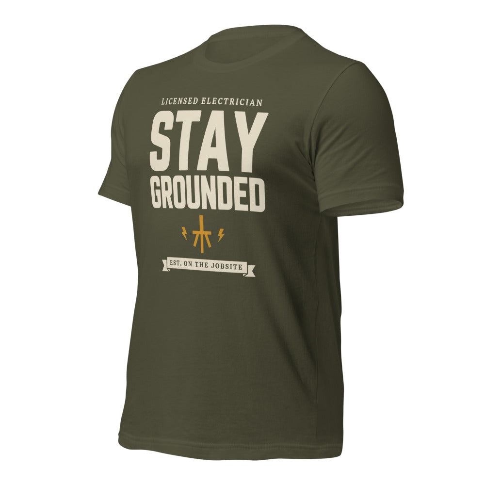 Stay Grounded funny electrician tee — Military Green, front-right