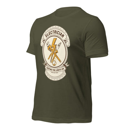 Electrician Journeyman trade crest tee — Military Green, front-right