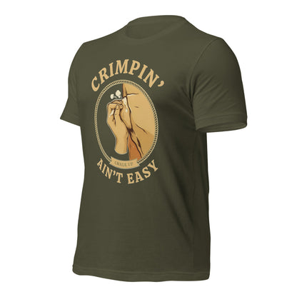 Crimpin' Ain't Easy bouldering badge t-shirt — Military Green, front-right