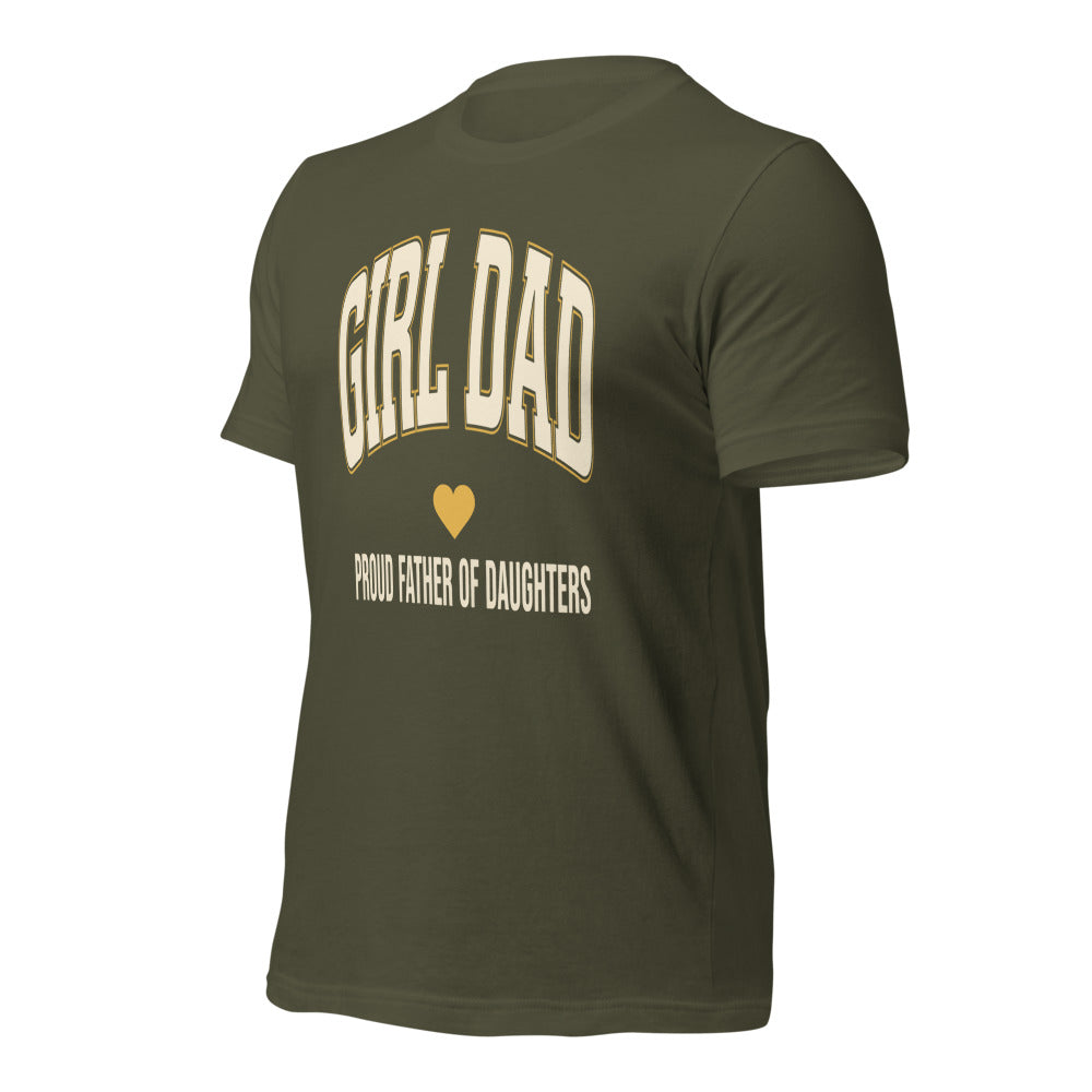 Girl Dad retro varsity tee — Military Green, front-right