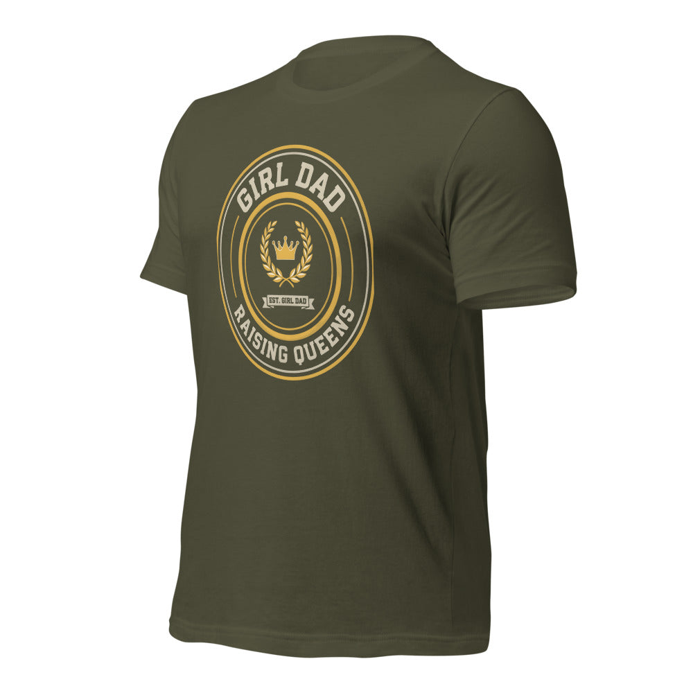 Girl Dad Raising Queens crest tee — Military Green, front-right
