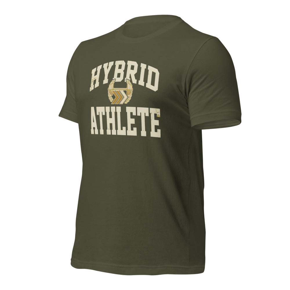 Hybrid Athlete vintage varsity tee — Military Green, front-right