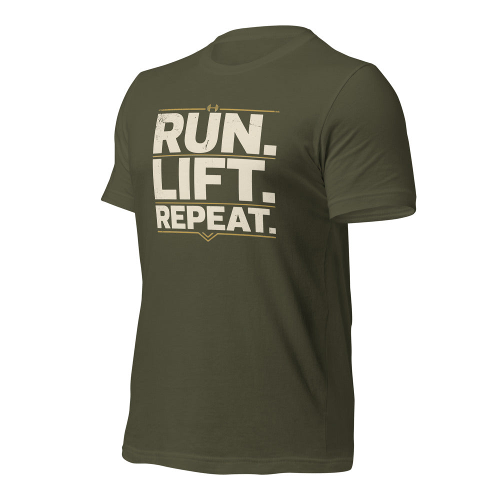 Run Lift Repeat vintage athletic tee — Military Green, front-right