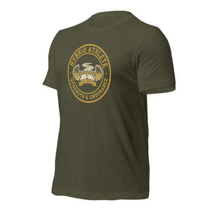 Hybrid Athlete vintage athletic-department crest tee — Military Green, front-right
