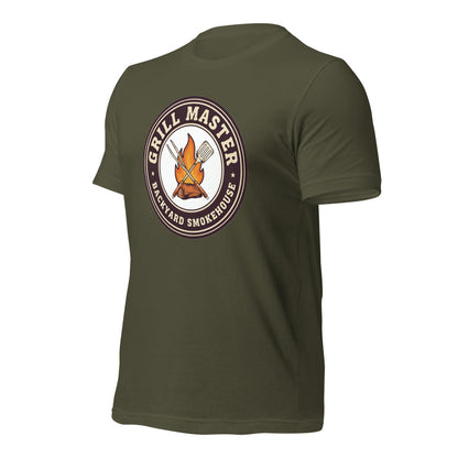 Grill Master retro backyard smokehouse tee — Military Green, front-right