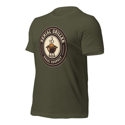 Serial Griller funny BBQ tee — Military Green, front-right