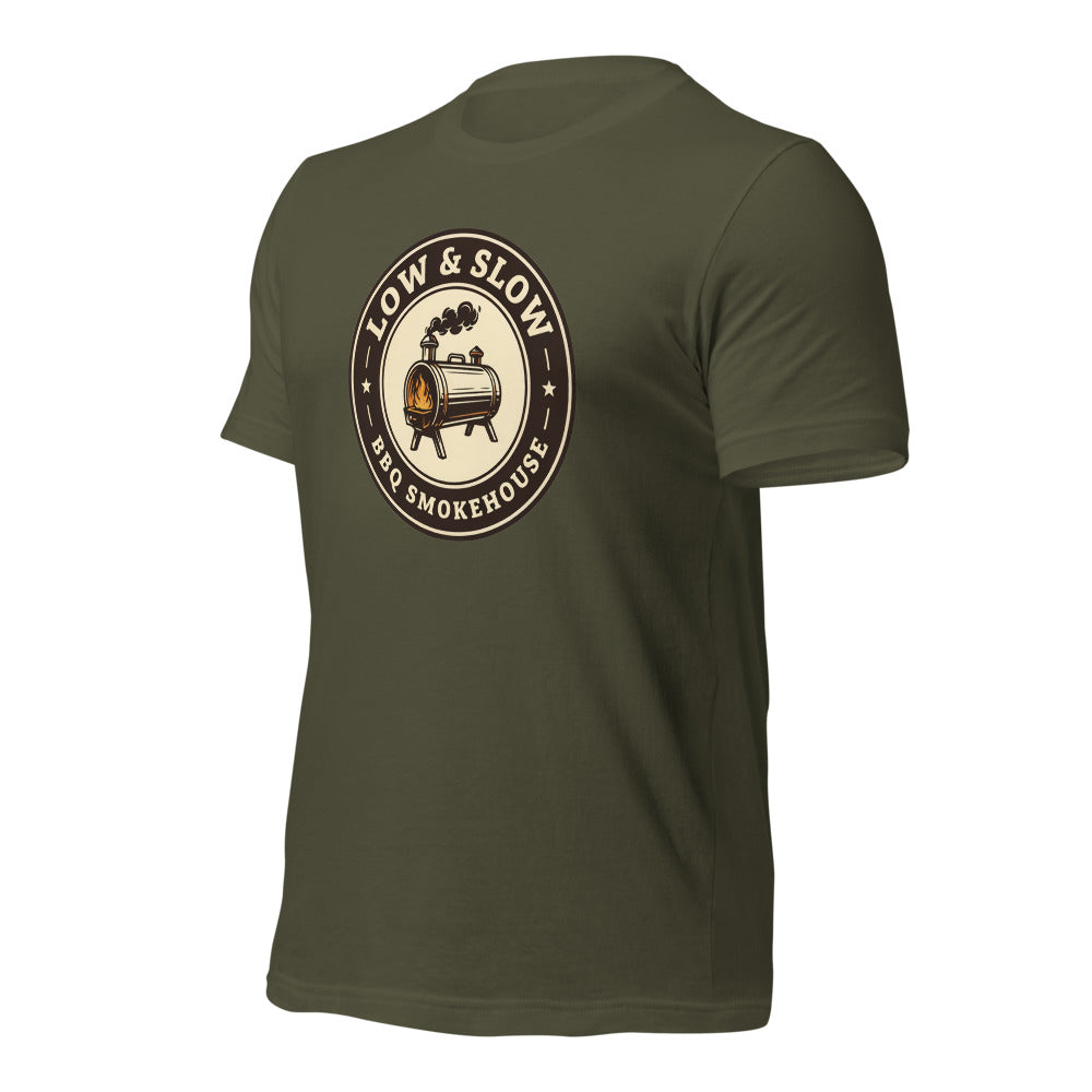 Low & Slow BBQ smoker tee — Military Green, front-right