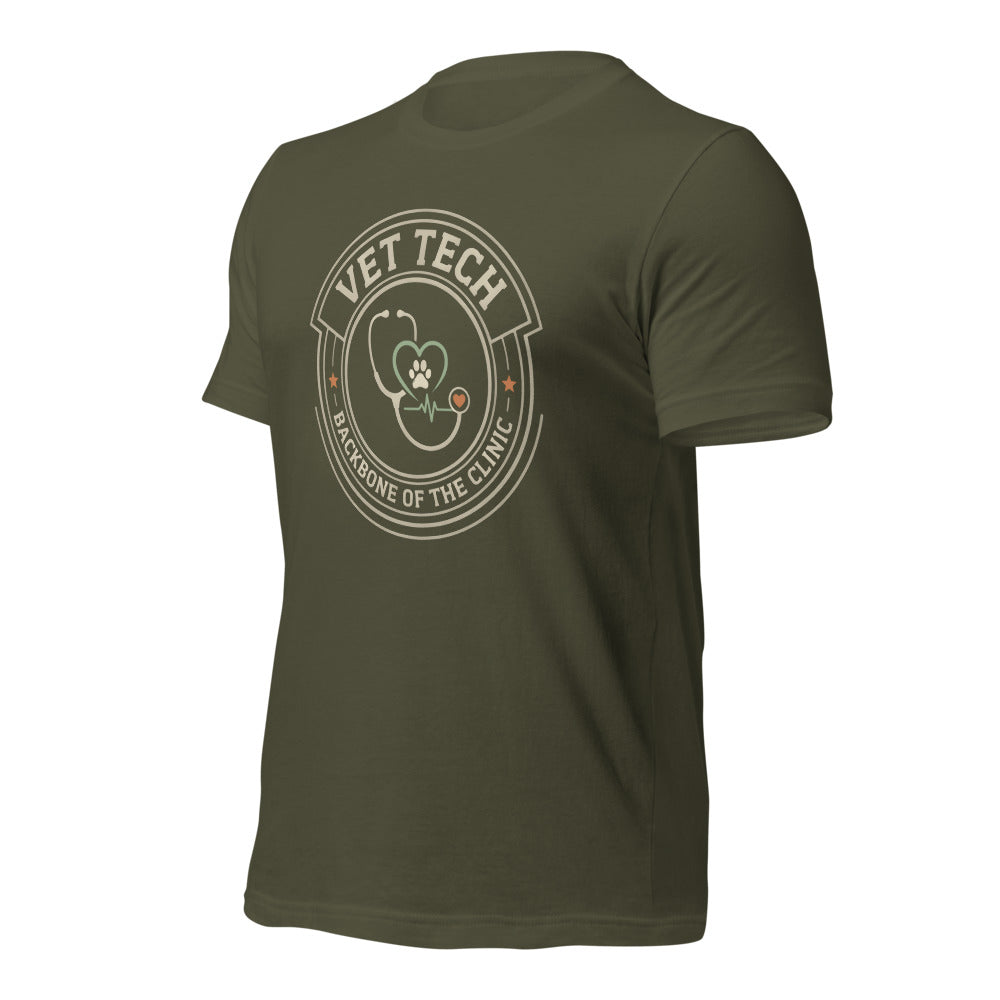 Vet Tech Crest retro veterinary technician tee — Military Green, front-right