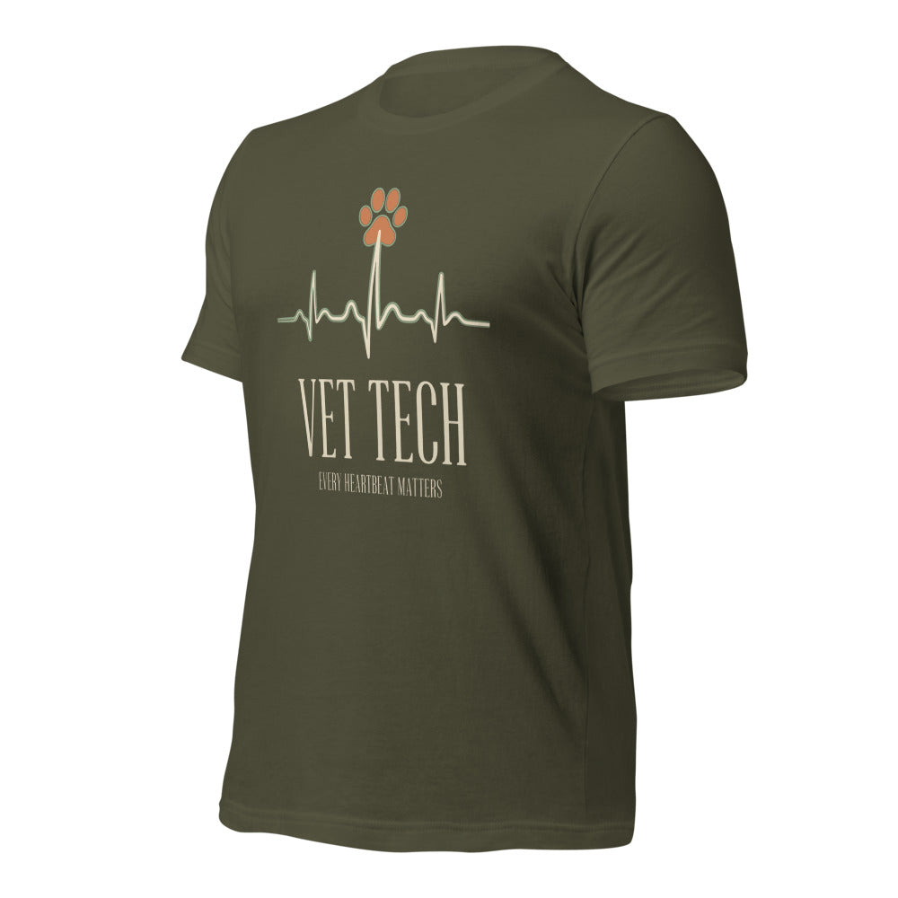 Every Heartbeat Matters minimalist vet tech tee — Military Green, front-right