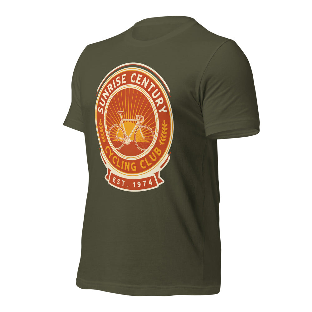Sunrise Century C.C. retro cycling club badge t-shirt — Military Green, front-right