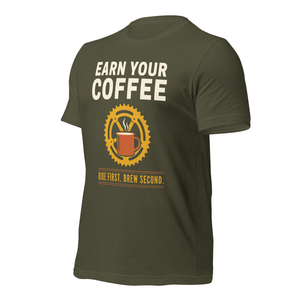 Earn Your Coffee retro cycling coffee t-shirt — Military Green, front-right