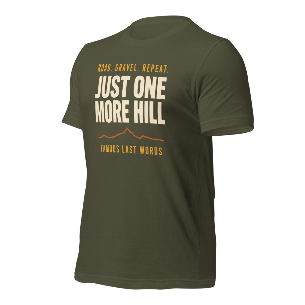 Just One More Hill retro cycling climb t-shirt — Military Green, front-right