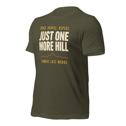 Just One More Hill retro cycling climb t-shirt — Military Green, front-right