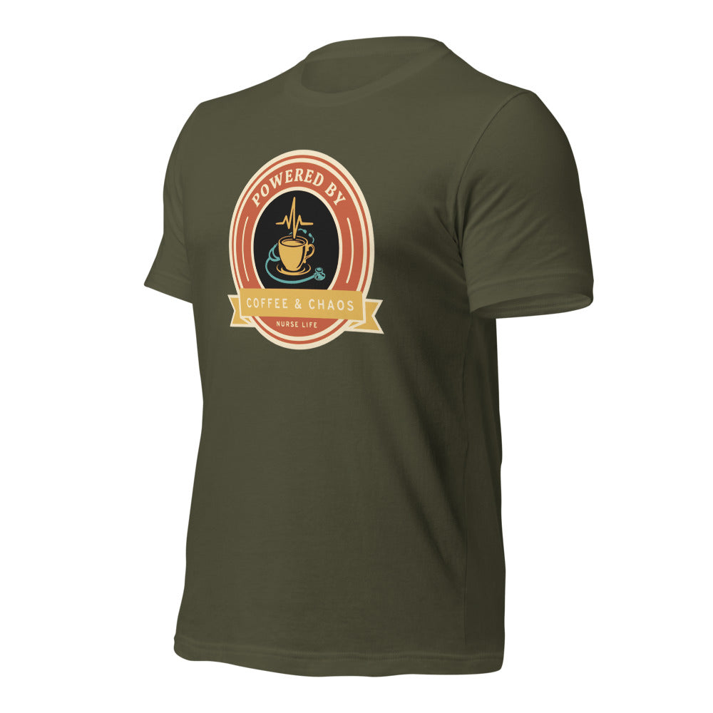 Powered by Coffee & Chaos retro nurse badge tee — Military Green, front-right
