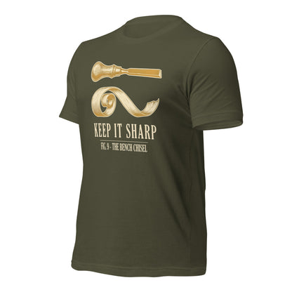 Keep It Sharp woodworking tee — Military Green, front-right