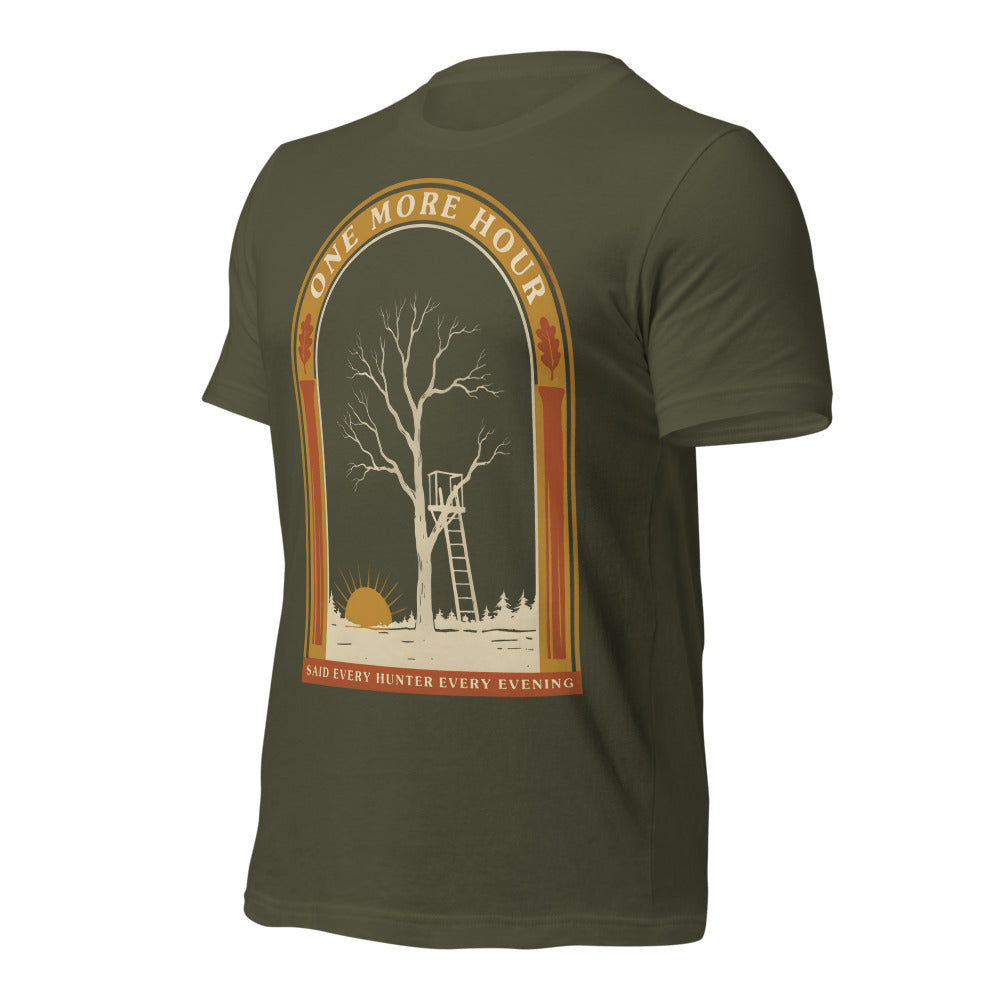 One More Hour funny deer hunting tee — Military Green, front-right