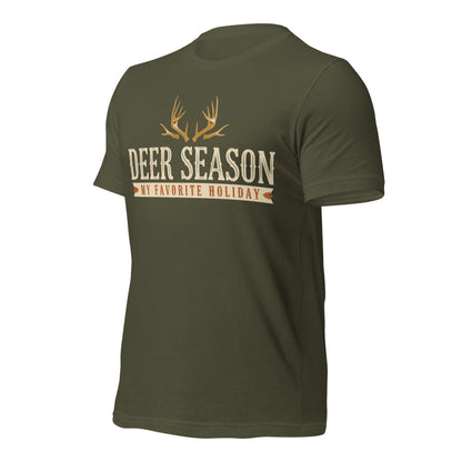 Deer Season My Favorite Holiday deer hunting tee — Military Green, front-right