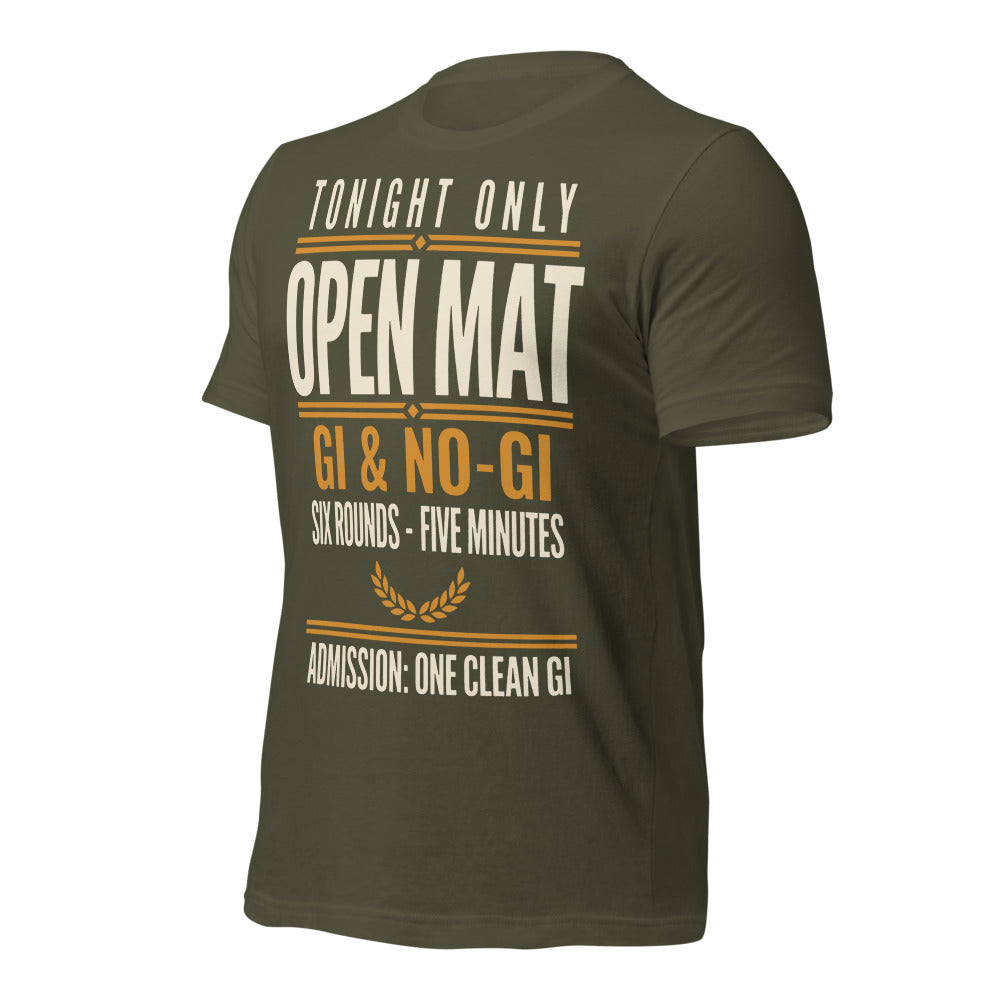 Open Mat Tonight Brazilian jiu jitsu t-shirt — Military Green, front-right