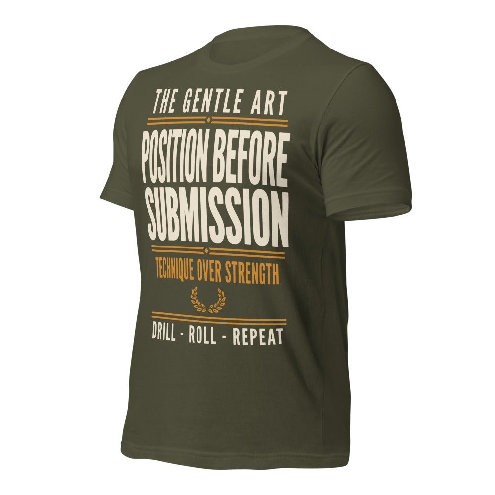 Position Before Submission Brazilian jiu jitsu t-shirt — Military Green, front-right