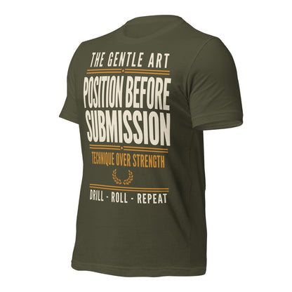 Position Before Submission Brazilian jiu jitsu t-shirt — Military Green, front-right