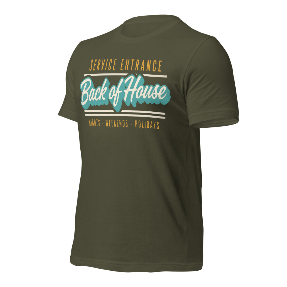 Line Cook Back of House retro diner service sign t-shirt — Military Green, front-right