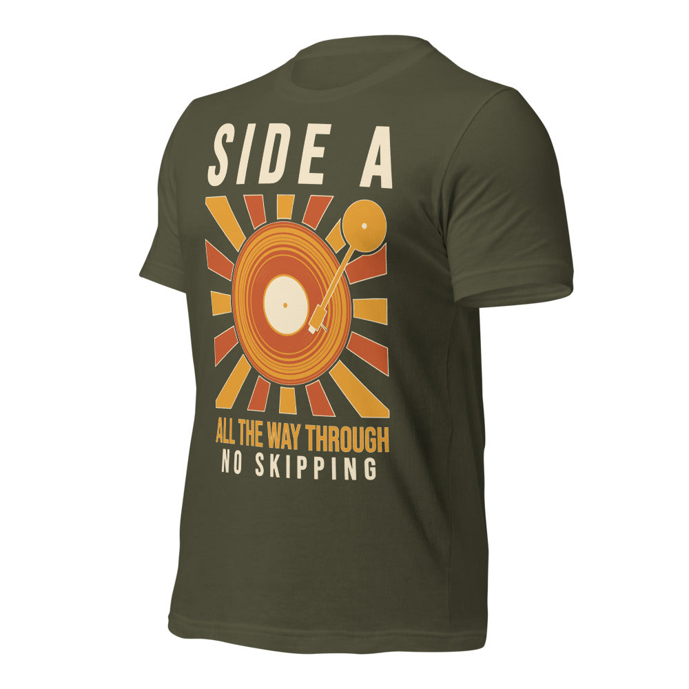 Side A No Skipping vinyl record tee — Military Green, front-right
