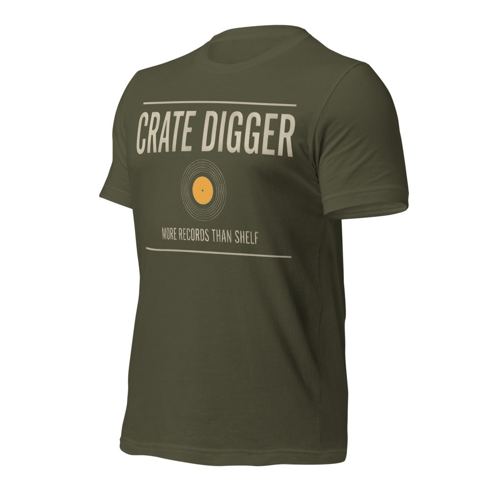 Crate Digger vinyl record tee — Military Green, front-right