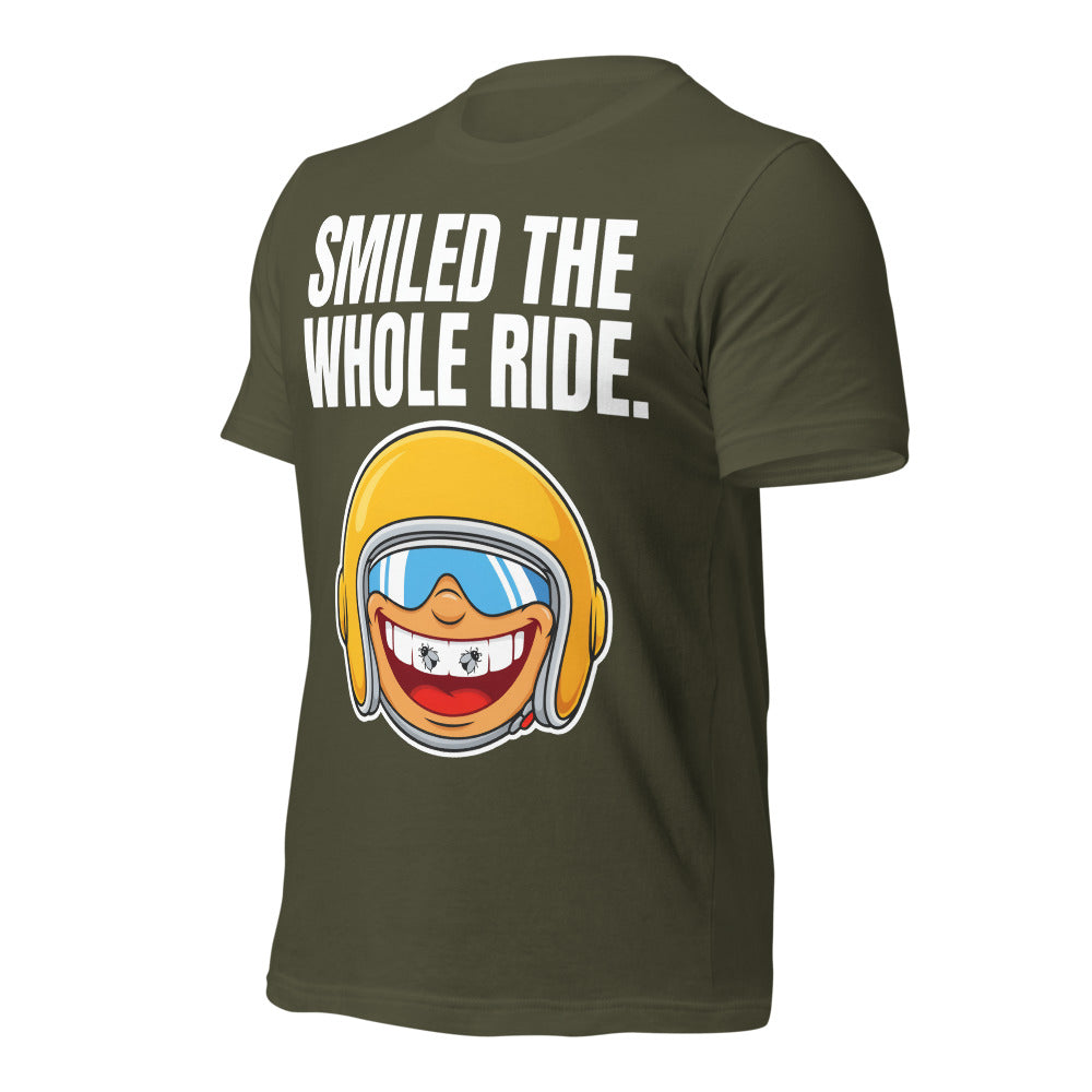 Smiled The Whole Ride funny motorcycle tee — Military Green, front-right