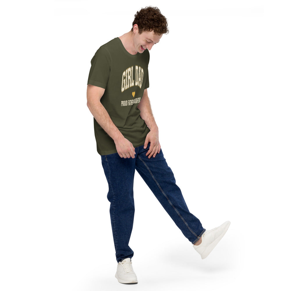 Girl Dad retro varsity tee — Military Green, on model