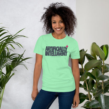 Artificially Intelligent funny AI t-shirt — Mint, on model