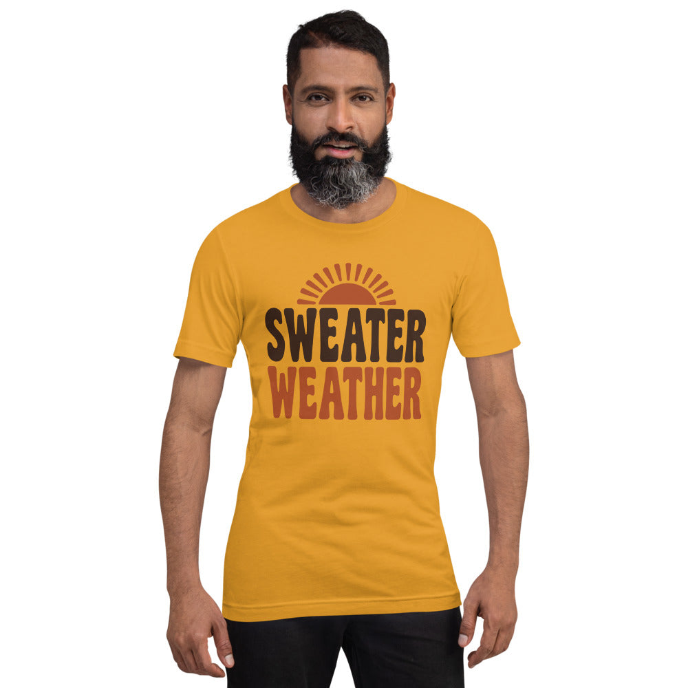 Sweater Weather retro 70s fall t-shirt — Mustard, on model