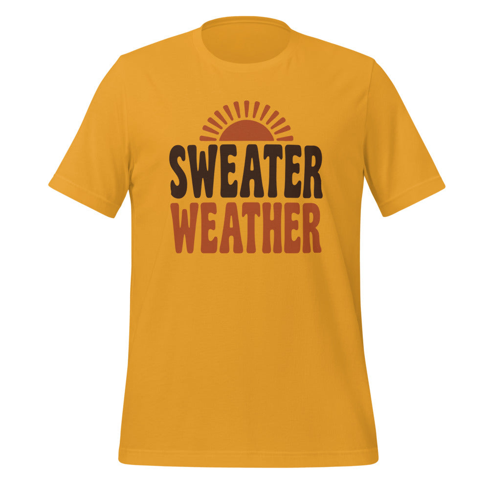 Sweater Weather retro 70s fall t-shirt — Mustard, front