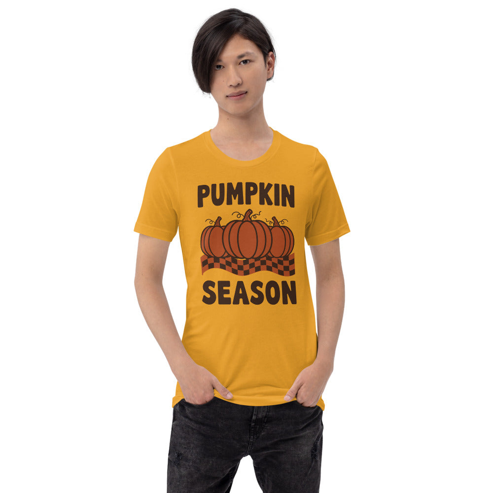 Pumpkin Season retro 70s fall t-shirt — Mustard, on model