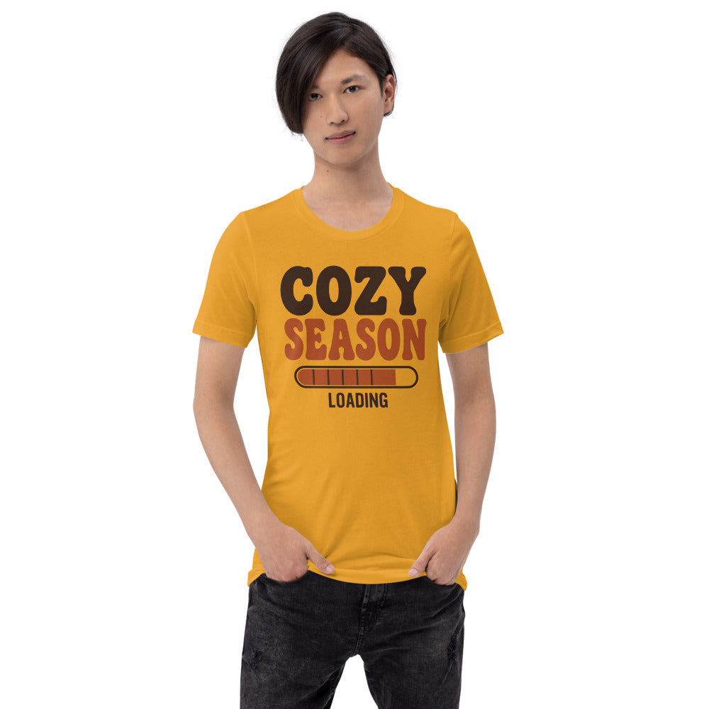 Cozy Season Loading retro 70s fall t-shirt — Mustard, on model