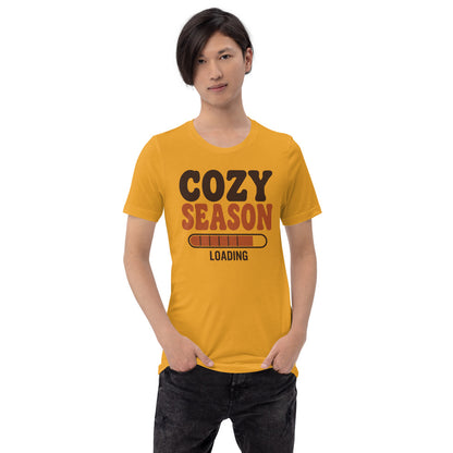 Cozy Season Loading retro 70s fall t-shirt — Mustard, on model