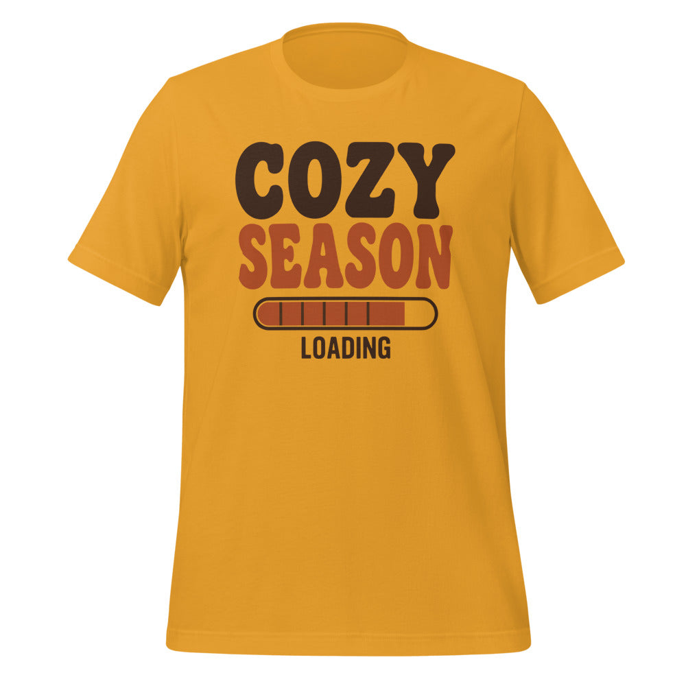 Cozy Season Loading retro 70s fall t-shirt — Mustard, front