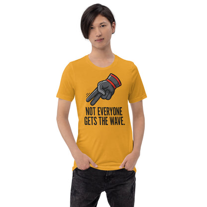 Not Everyone Gets The Wave biker wave motorcycle tee — Mustard, on model