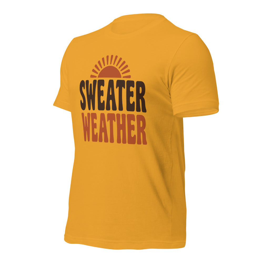 Sweater Weather retro 70s fall t-shirt — Mustard, front-right