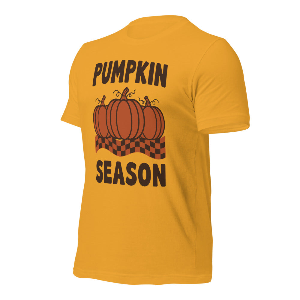 Pumpkin Season retro 70s fall t-shirt — Mustard, front-right