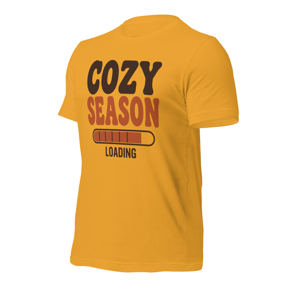 Cozy Season Loading retro 70s fall t-shirt — Mustard, front-right