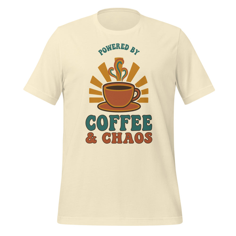 Powered By Coffee And Chaos retro groovy teacher tee — Natural, front