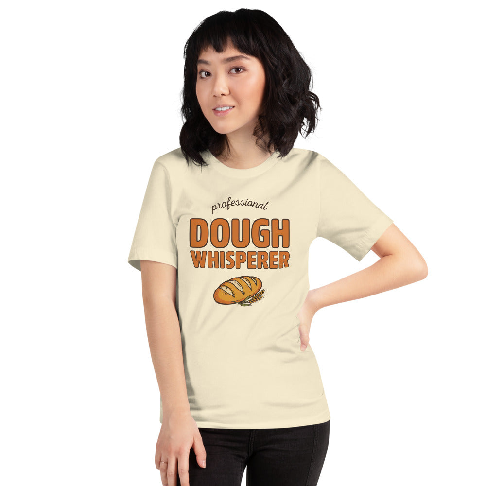 Professional Dough Whisperer funny baker tee — Natural, on model