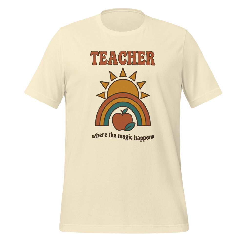 Teacher Where The Magic Happens retro groovy teacher tee — Natural, front