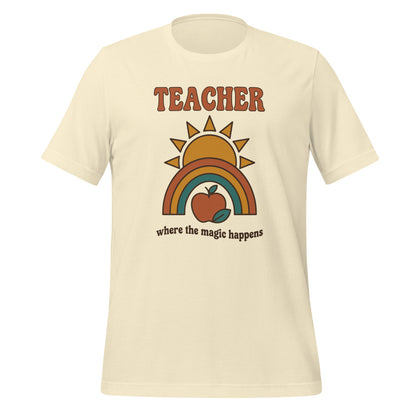 Teacher Where The Magic Happens retro groovy teacher tee — Natural, front