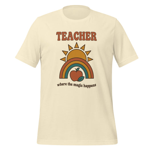 Teacher Where The Magic Happens retro groovy teacher tee — Natural, front
