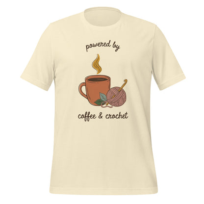 Powered by Coffee and Crochet cottagecore crochet tee — Natural, front
