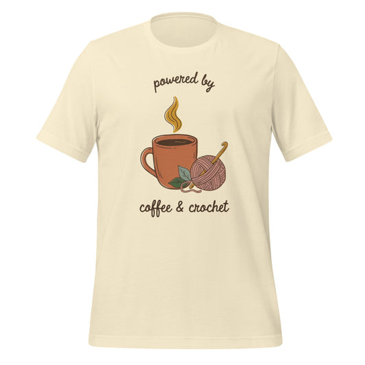 Powered by Coffee and Crochet cottagecore crochet tee — Natural, front