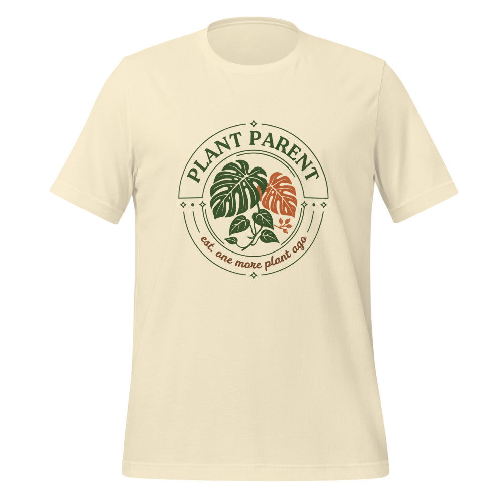 Plant Parent retro botanical badge tee — Natural, front
